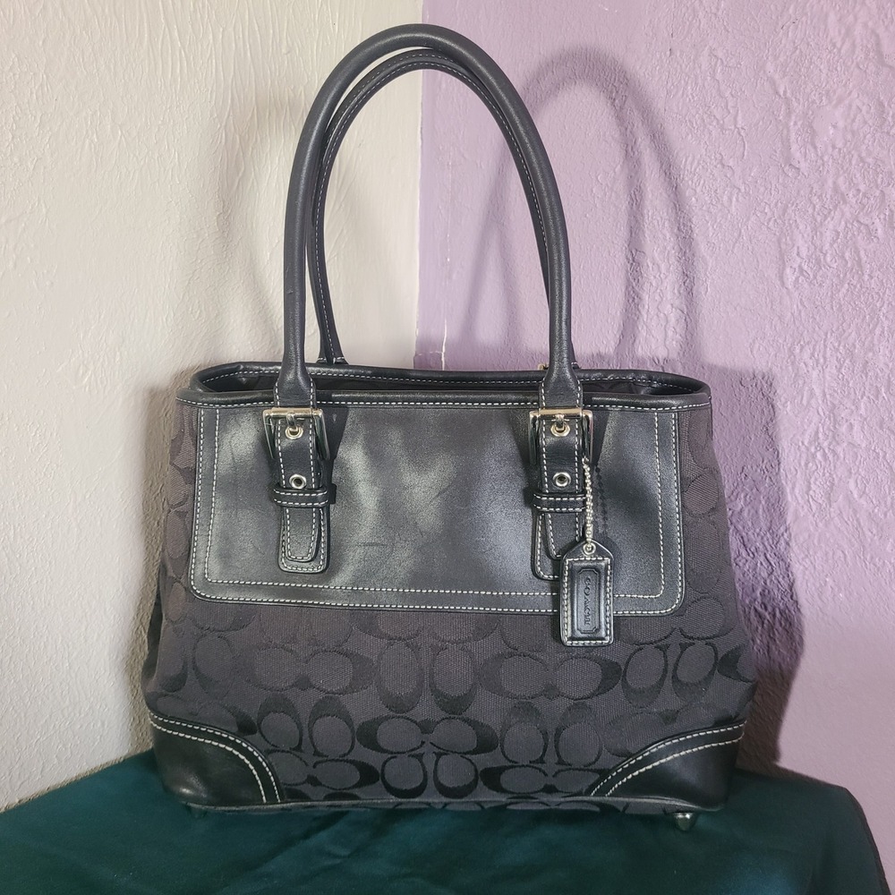 Coach Signature Satchel Black Jaquard Hampton Canvas Leather F11220 Y2K Hang Tag
